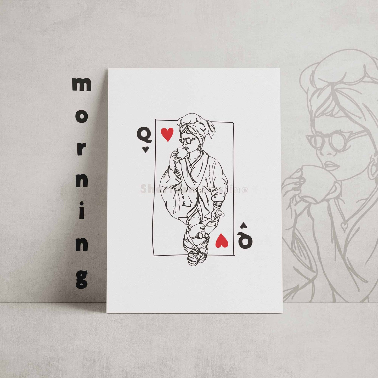 Mood Queen Playing Card Print Queen Of Hearts Champagne And Coffee - Fashion Illustration Artwork Print - Morning