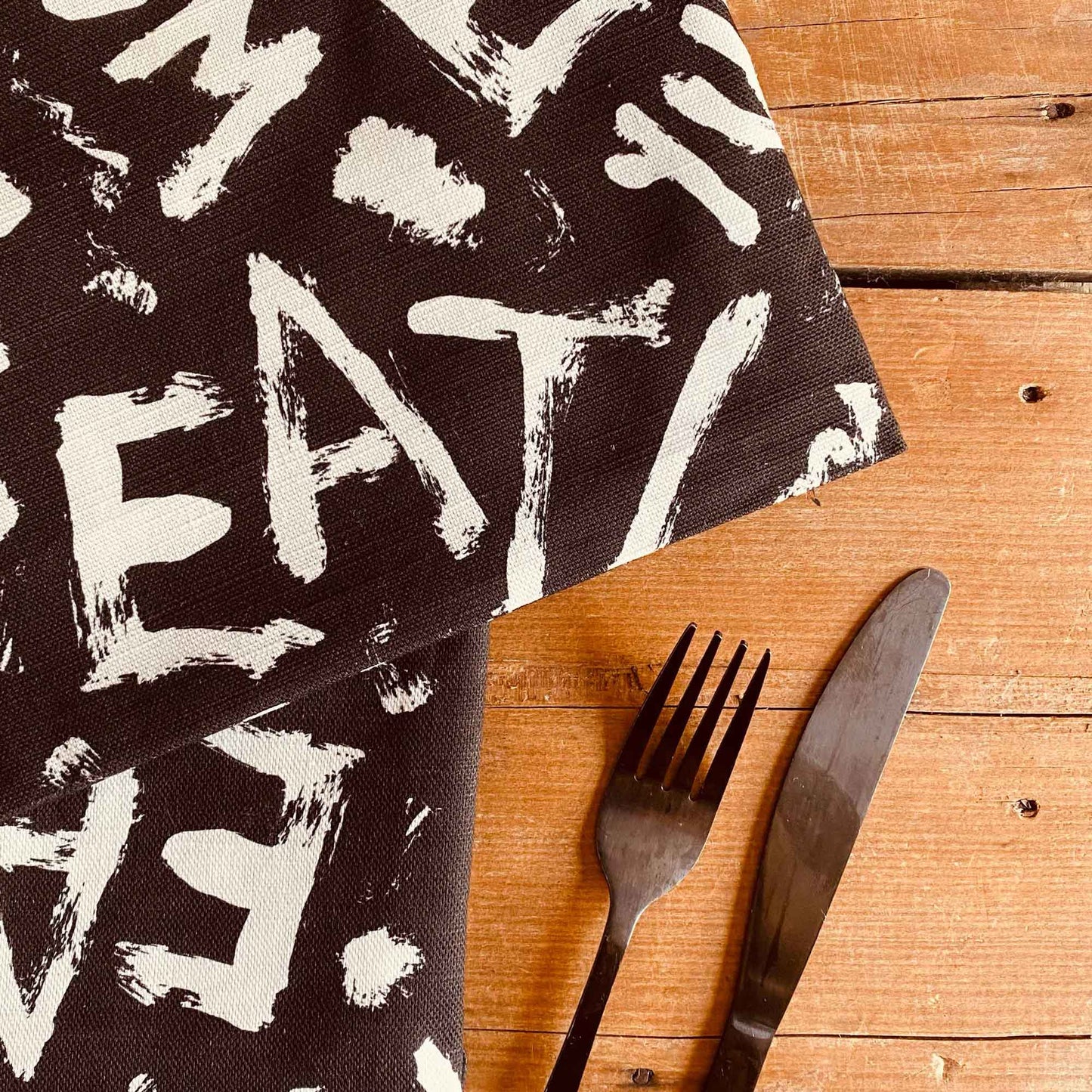 Black and white I Love Food Designer Tablecloth For Entertaining By Brisbane Artist Sheridan Eveline