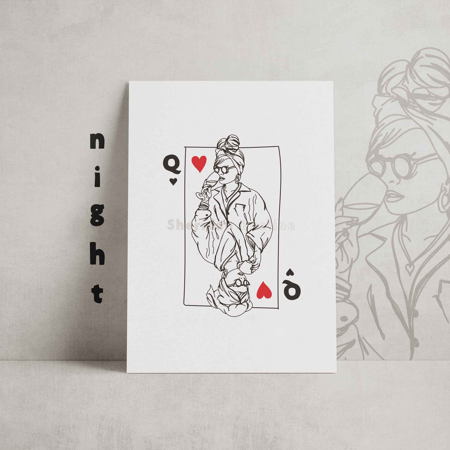 Mood Queen Playing Card Print Queen Of Hearts Champagne And Coffee - Fashion Illustration Artwork Print - Night