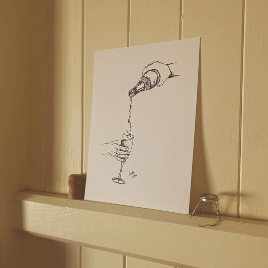 Pouring Champagne Illustration Wall Art A5, A4 & A3 Brisbane Store