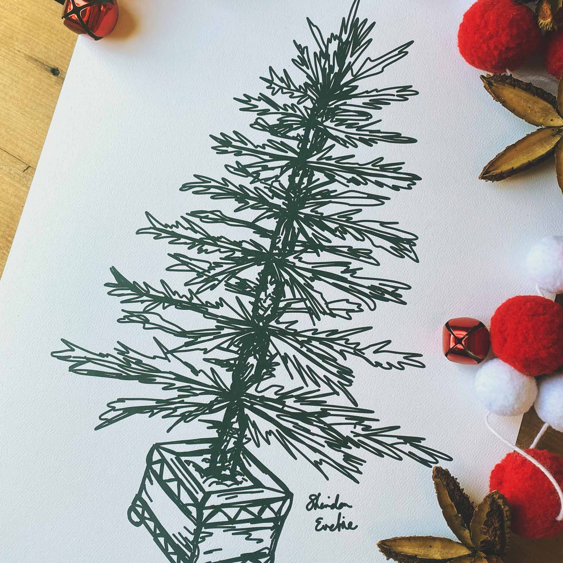 Illustrated Christmas Tree Wall Hanging Black And White