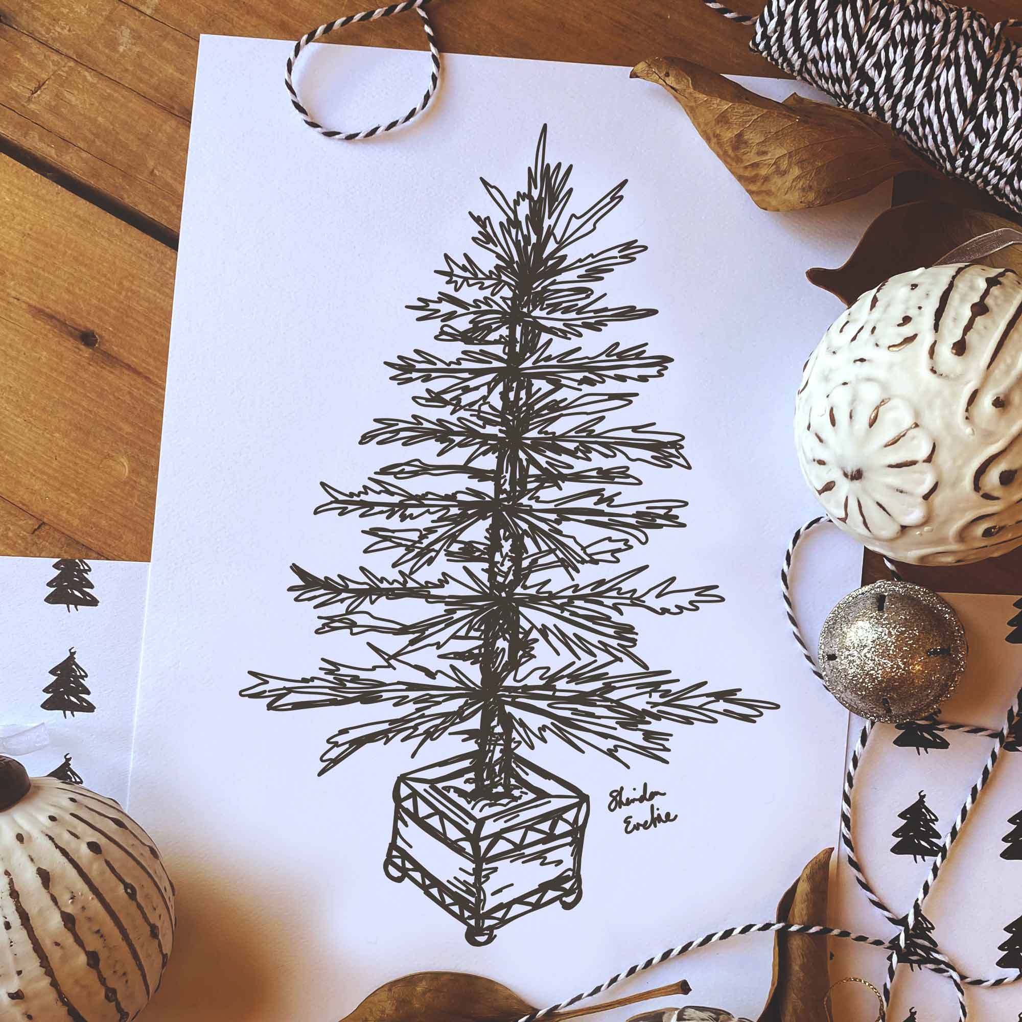 Children's drawing with decorated Christmas tree and presents stock photo